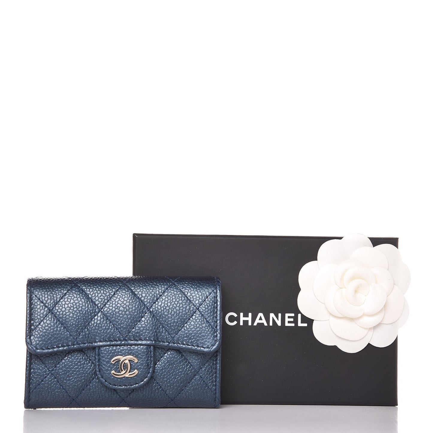 Metallic Caviar Quilted Flap Card Holder Dark Blue