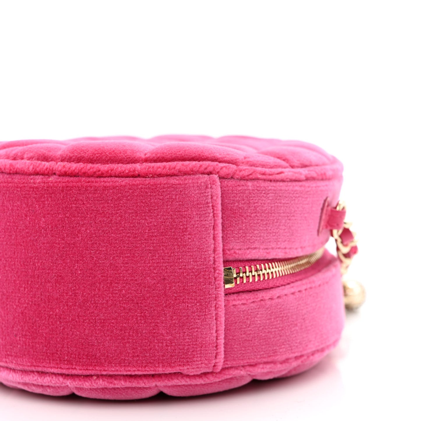 Velvet Round Quilted Pearl Crush Clutch With Chain Pink