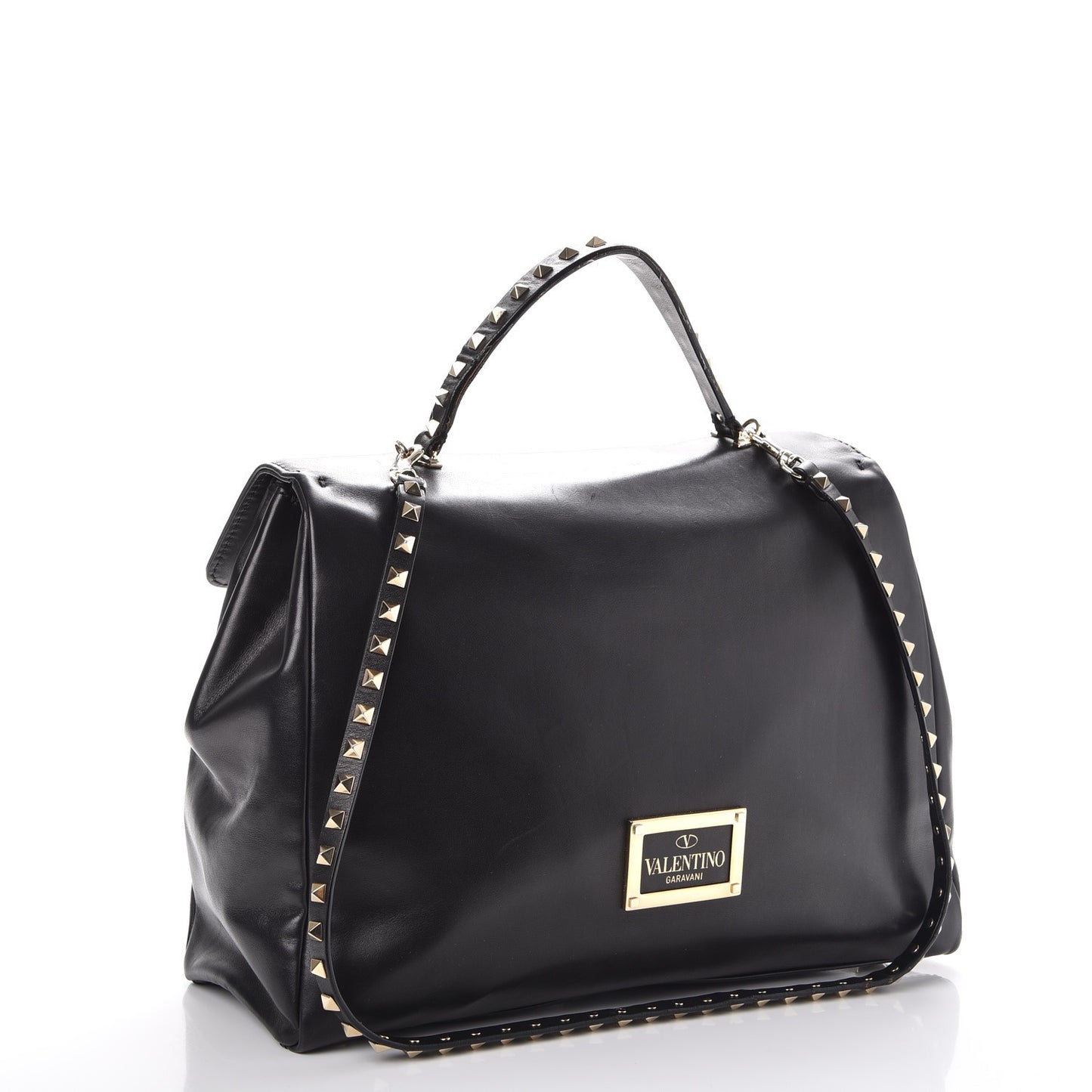 Vitello Large Rockstud Single Handle Flap Satchel Black