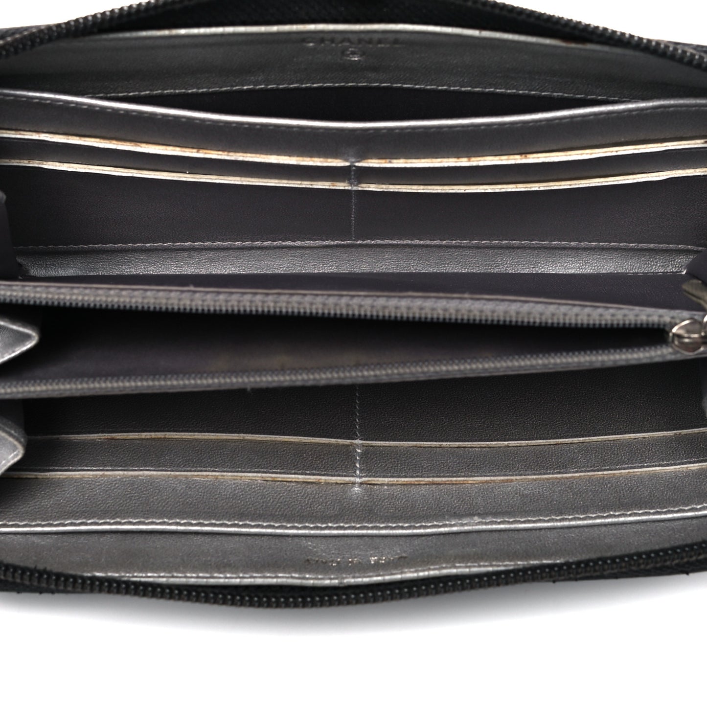 Lambskin Camellia Embossed Large Zip Around Gusset Wallet Black