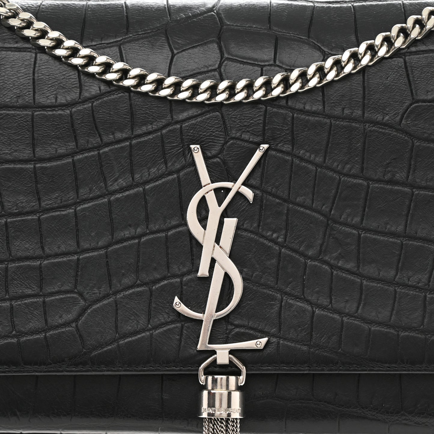 Calfskin Crocodile Embossed Medium Classic Monogram Kate Tassel Satchel Black