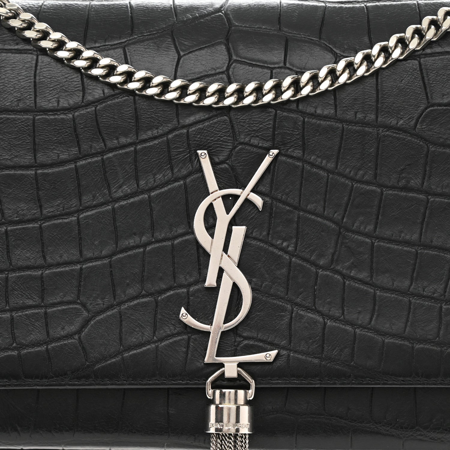 Saint Laurent Calfskin Crocodile Embossed Medium Classic Monogram Kate Tassel Satchel Black 10 of 10