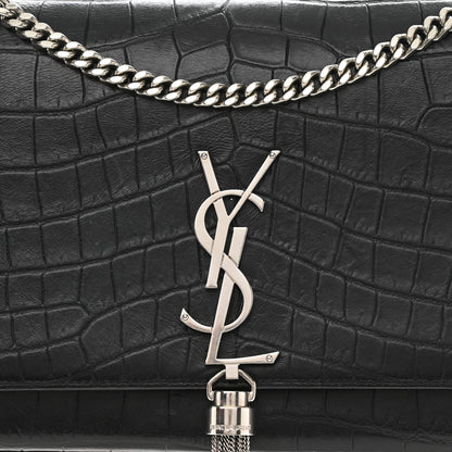 Saint Laurent Calfskin Crocodile Embossed Medium Classic Monogram Kate Tassel Satchel Black 10 of 10