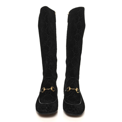 Gucci Velvet GG Monogram Crystal Horsebit Knee High Boots 38.5 Black 2 of 7