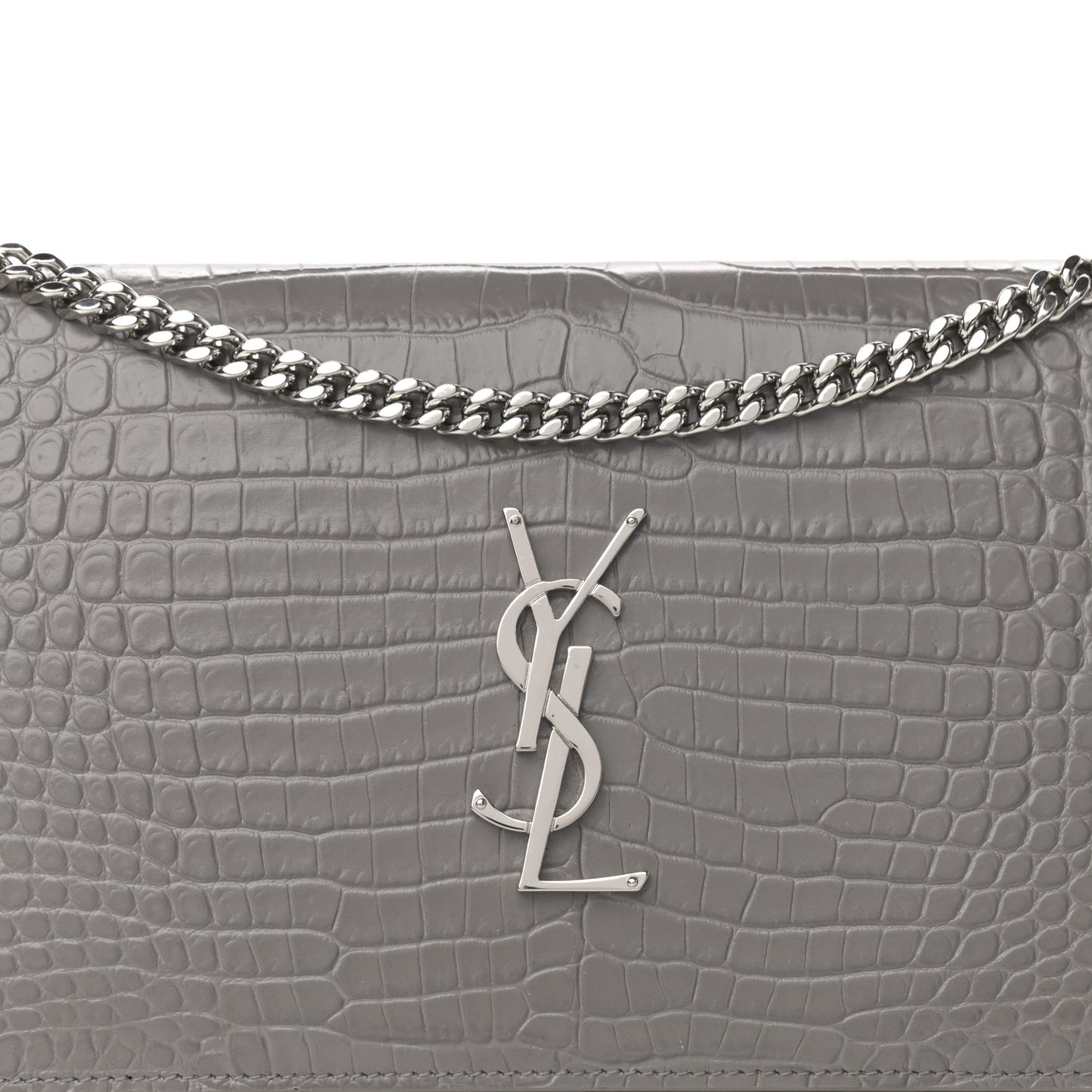 Calfskin Crocodile Embossed Monogram Chain Wallet Fog