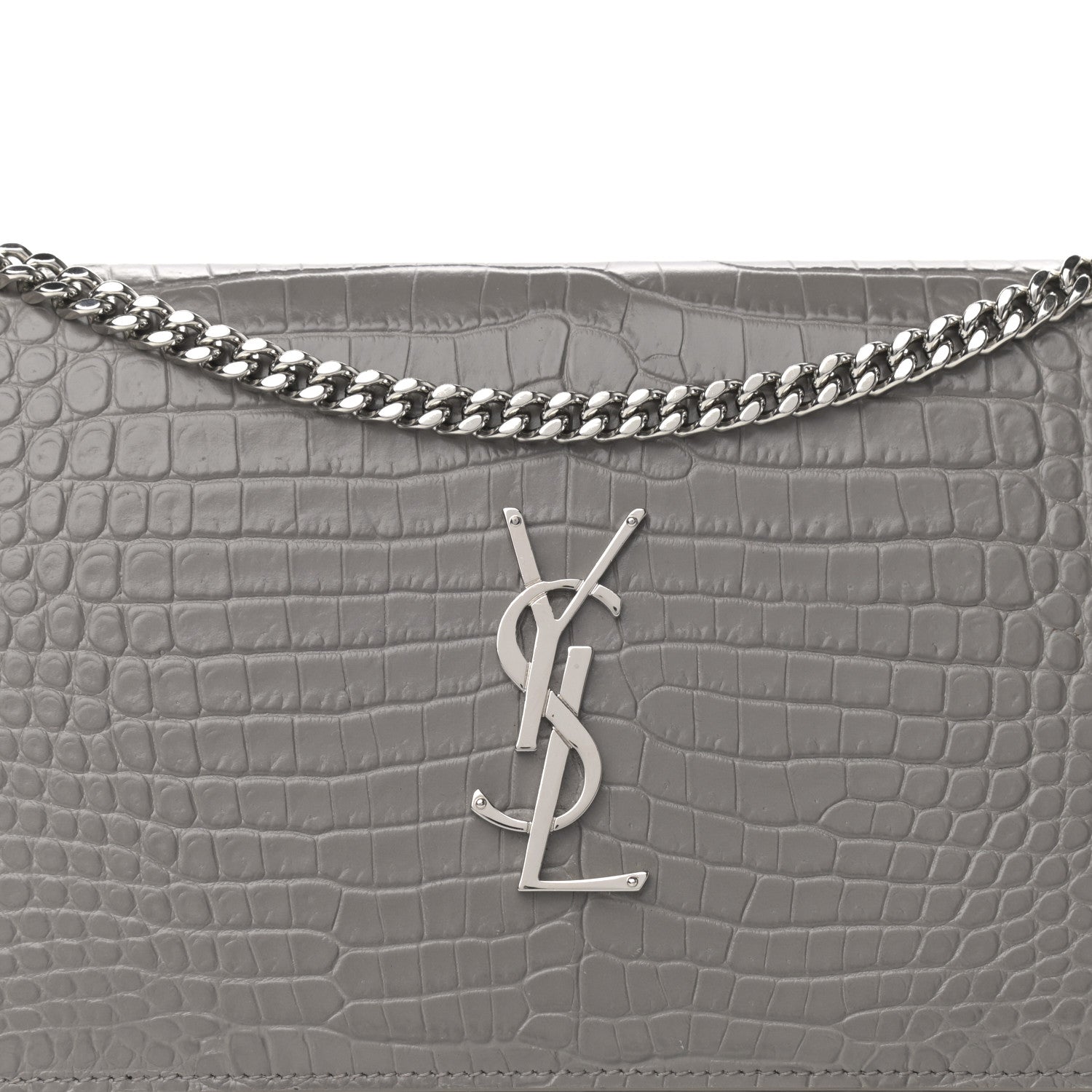 Saint Laurent Calfskin Crocodile Embossed Monogram Chain Wallet Fog 8 of 10