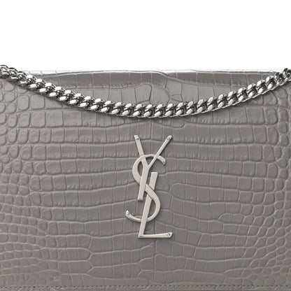 Saint Laurent Calfskin Crocodile Embossed Monogram Chain Wallet Fog 8 of 10