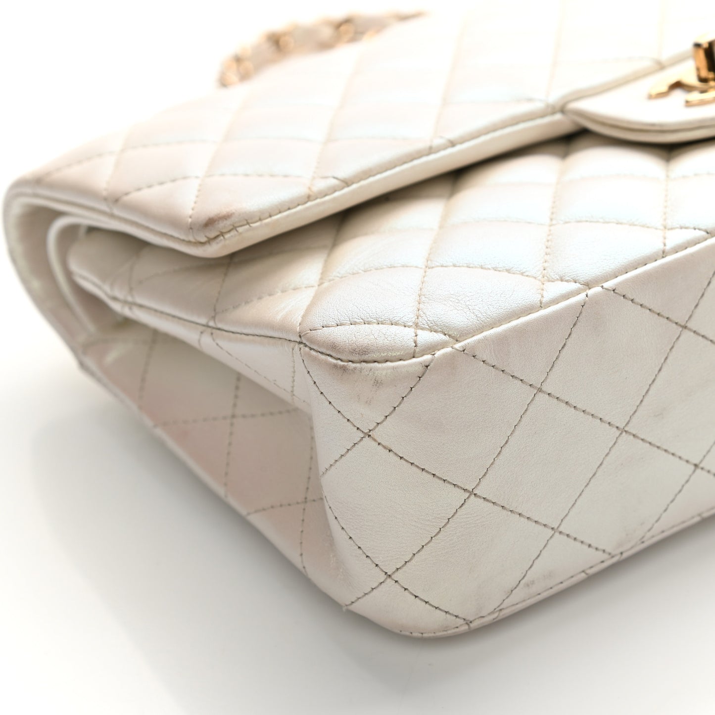 Iridescent Calfskin Quilted Medium Double Flap White