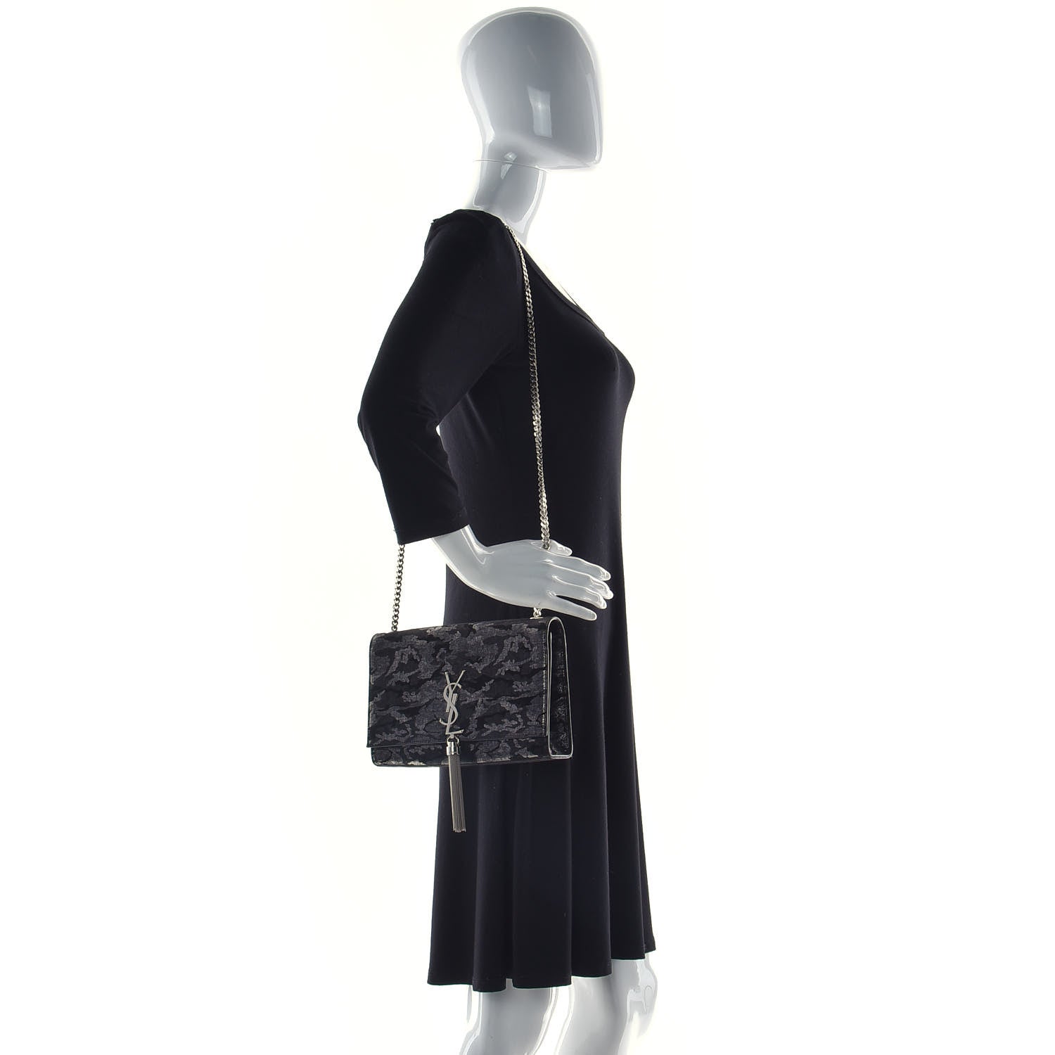 Saint Laurent Metallic Fabric Camouflage Medium Classic Monogram Kate Tassel Satchel Black 2 of 12