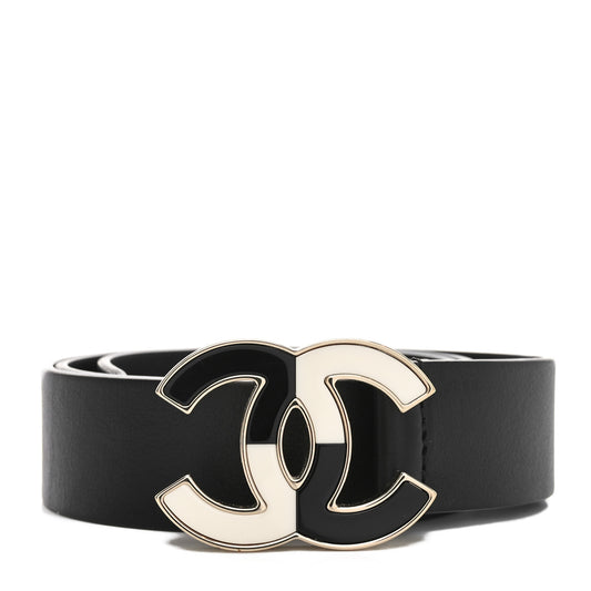 Calfskin Metal Enamel CC Belt 75 30 Black White
