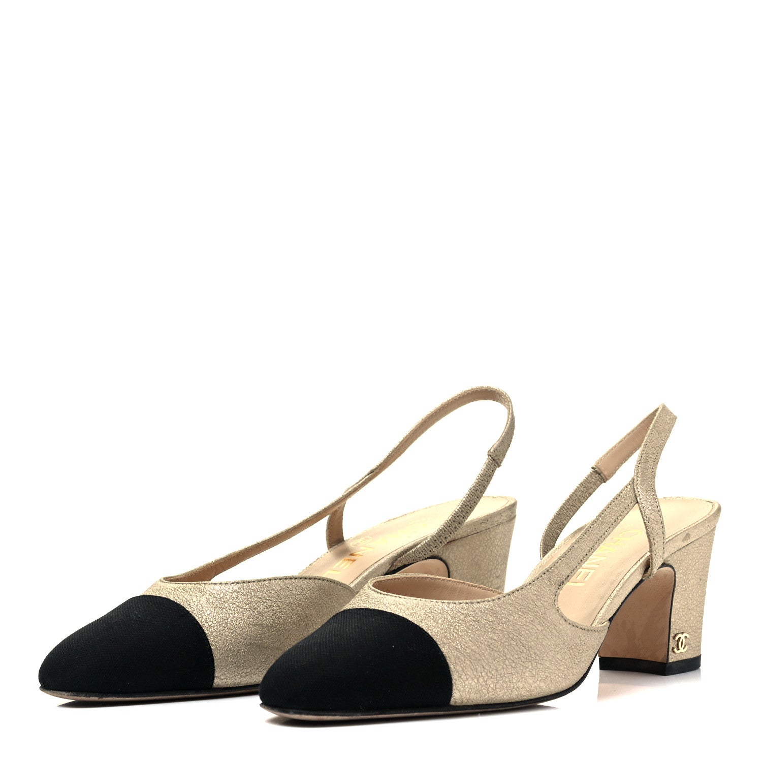 Chanel Metallic Lambskin Grosgrain Cap Toe CC Slingback Pumps 36 Gold Black 3 of 8
