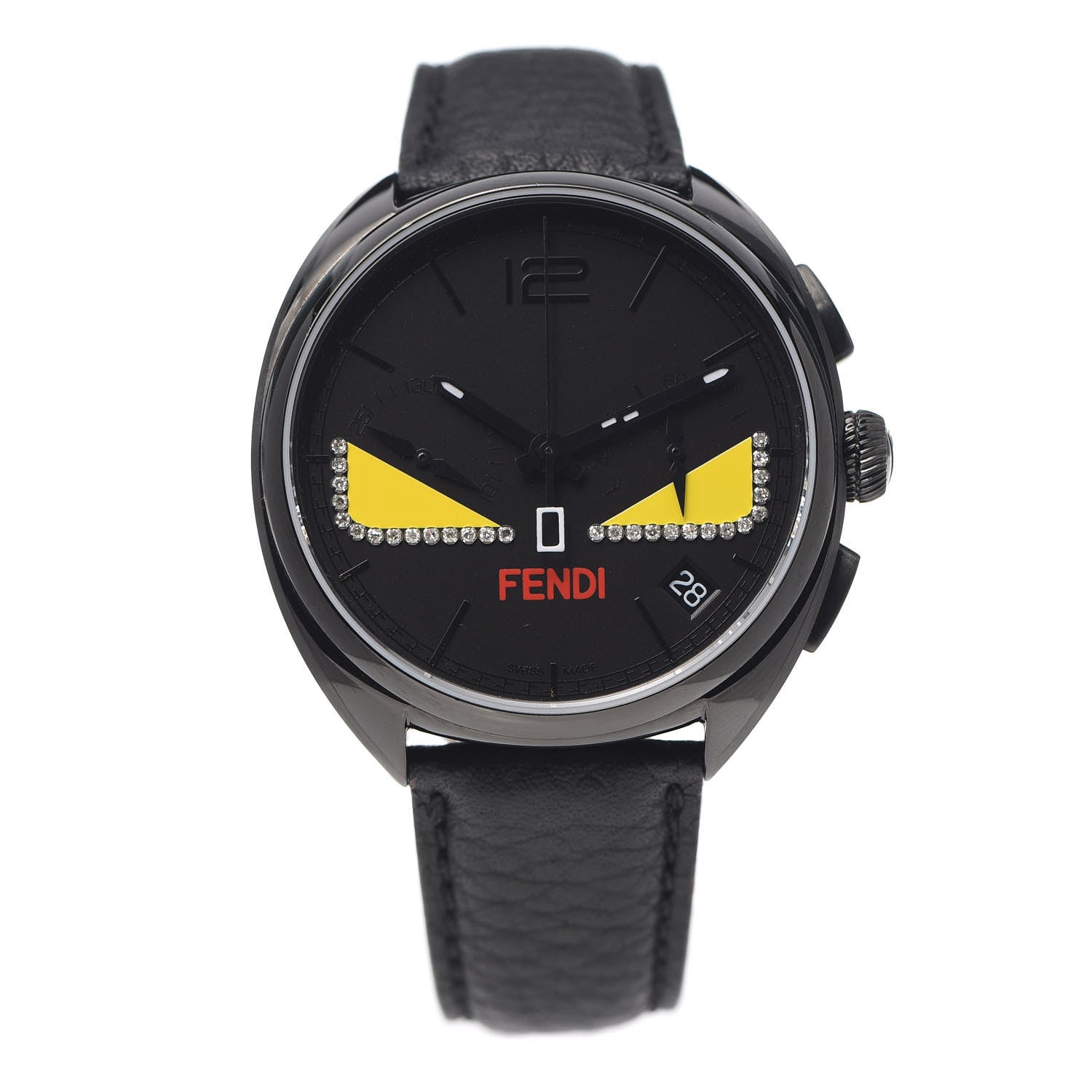 Fendi Stainless Steel Calfskin Diamond 40mm Momento Bugs Quartz Watch Black 1 of 4