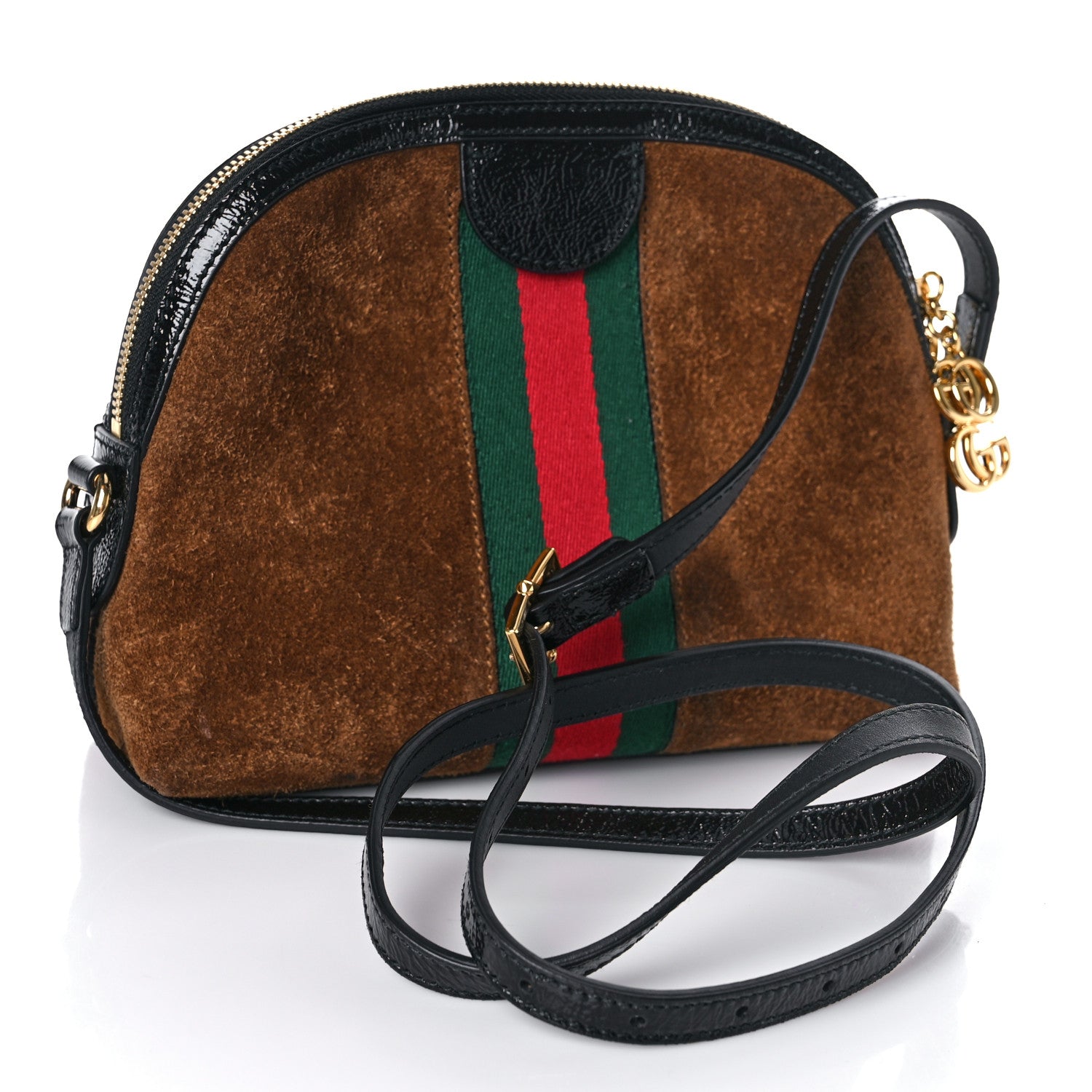 Gucci Suede Patent Web Small Ophidia Dome Shoulder Bag Nocciola Black 2 of 8