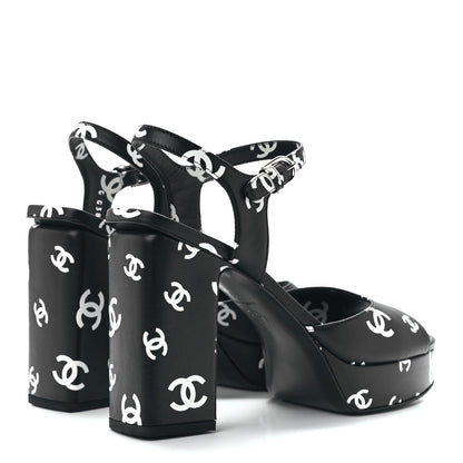 Chanel Printed Lambskin CC Platform Sandals 38 Black White 3 of 8