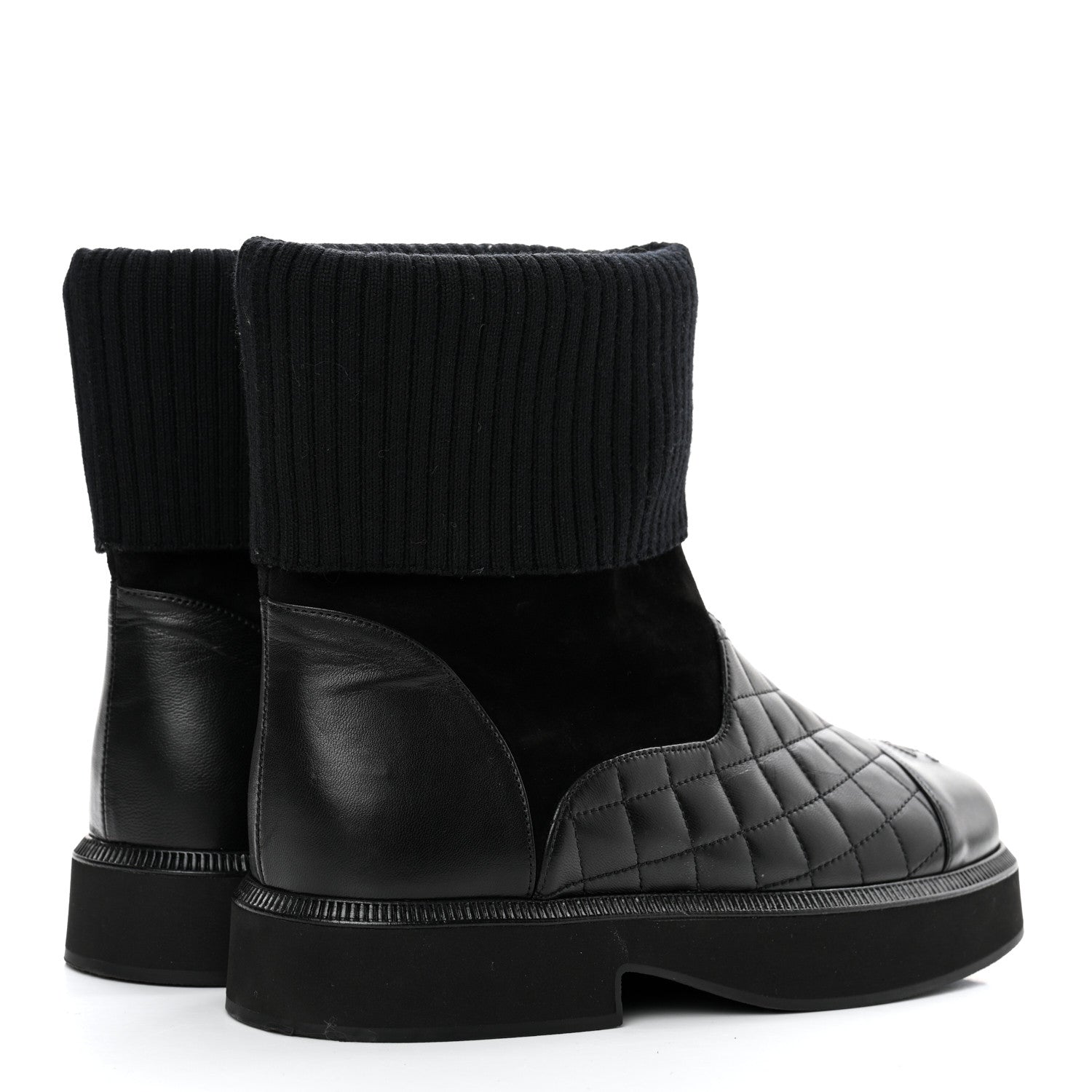 Chanel Suede Lambskin Calfskin Knit Womens Ankle Boots 37.5 Black 4 of 8