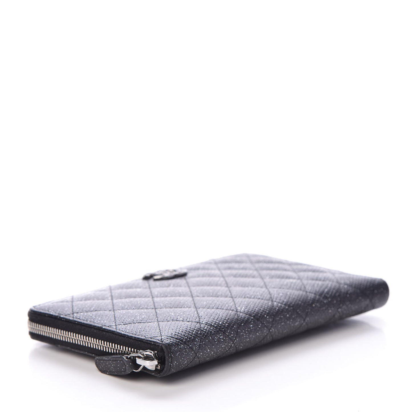 Glittered Calfskin Quilted Large Gusset Zip Wallet Black