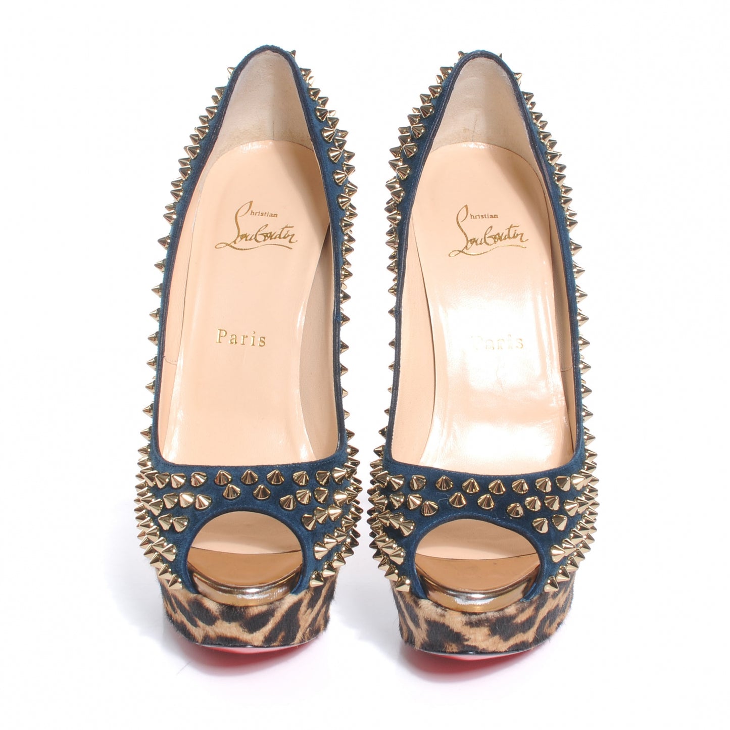 Veau Velours Calf Hair Leopard Lady Peep Spikes VIP 150 Pumps 38.5 Blue Khol Bronze