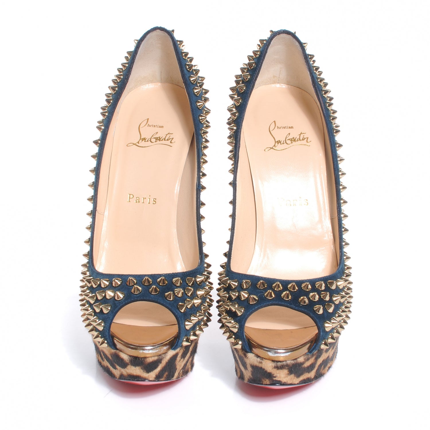 Christian Louboutin Veau Velours Calf Hair Leopard Lady Peep Spikes VIP 150 Pumps 38.5 Blue Khol Bronze 3 of 10