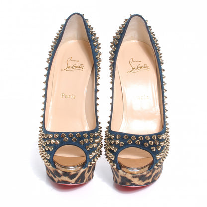 Christian Louboutin Veau Velours Calf Hair Leopard Lady Peep Spikes VIP 150 Pumps 38.5 Blue Khol Bronze 3 of 10
