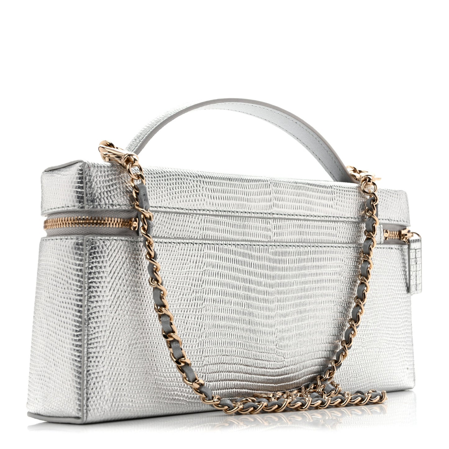 Lizard Embossed Top Handle Slim Vanity With Chain Silver