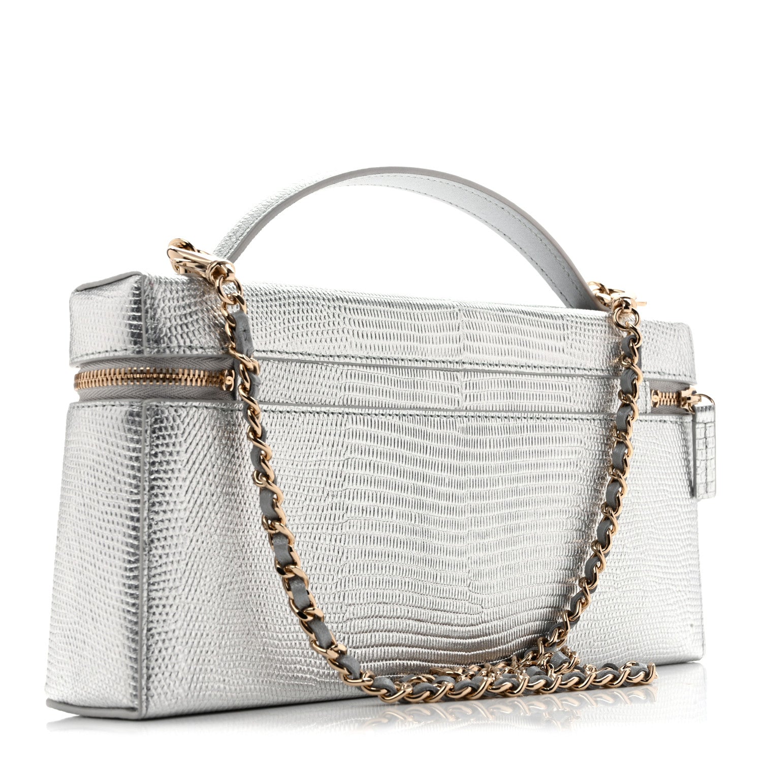 Chanel Lizard Embossed Top Handle Slim Vanity With Chain Silver 3 of 14
