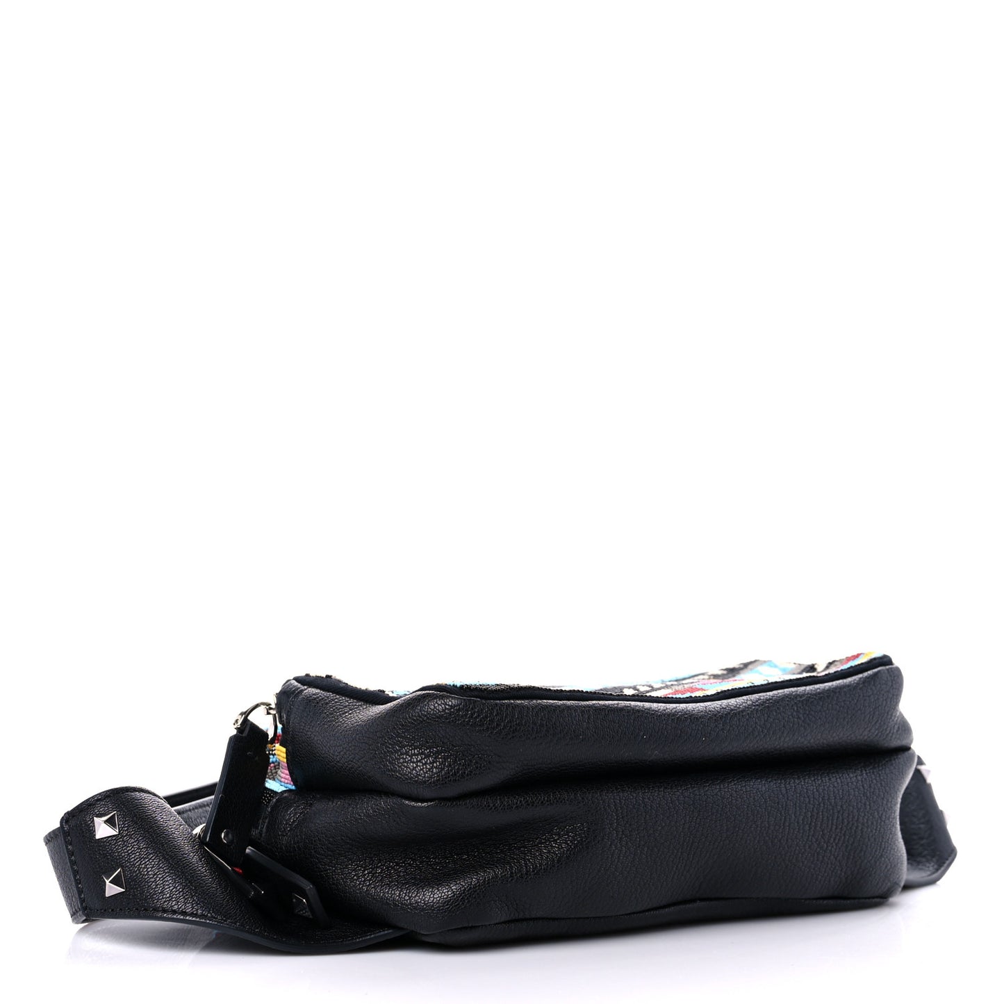 Pebbled Calfskin Beaded Rockstud Belt Bag Black