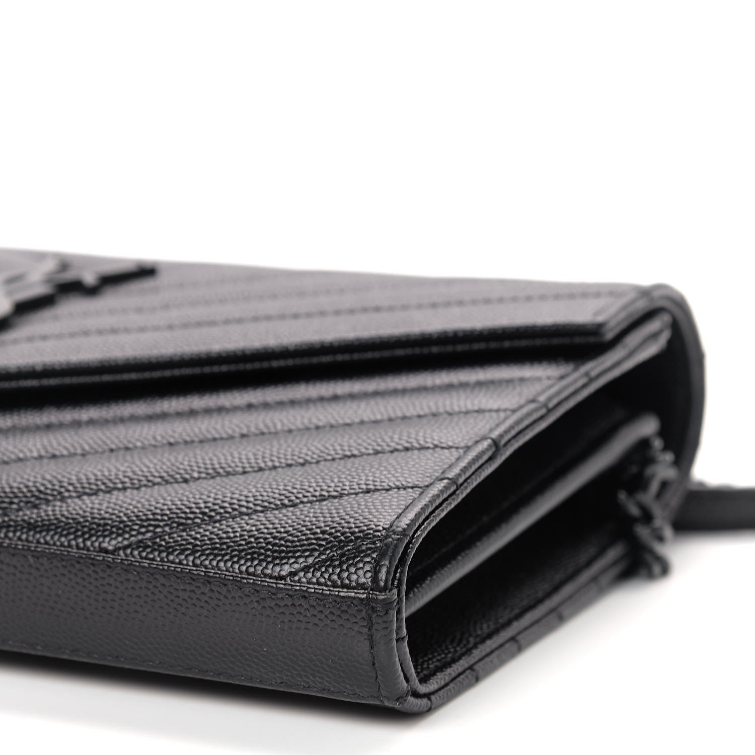 Saint Laurent Grain De Poudre Matelasse Chevron Monogram Chain Wallet Black 6 of 7