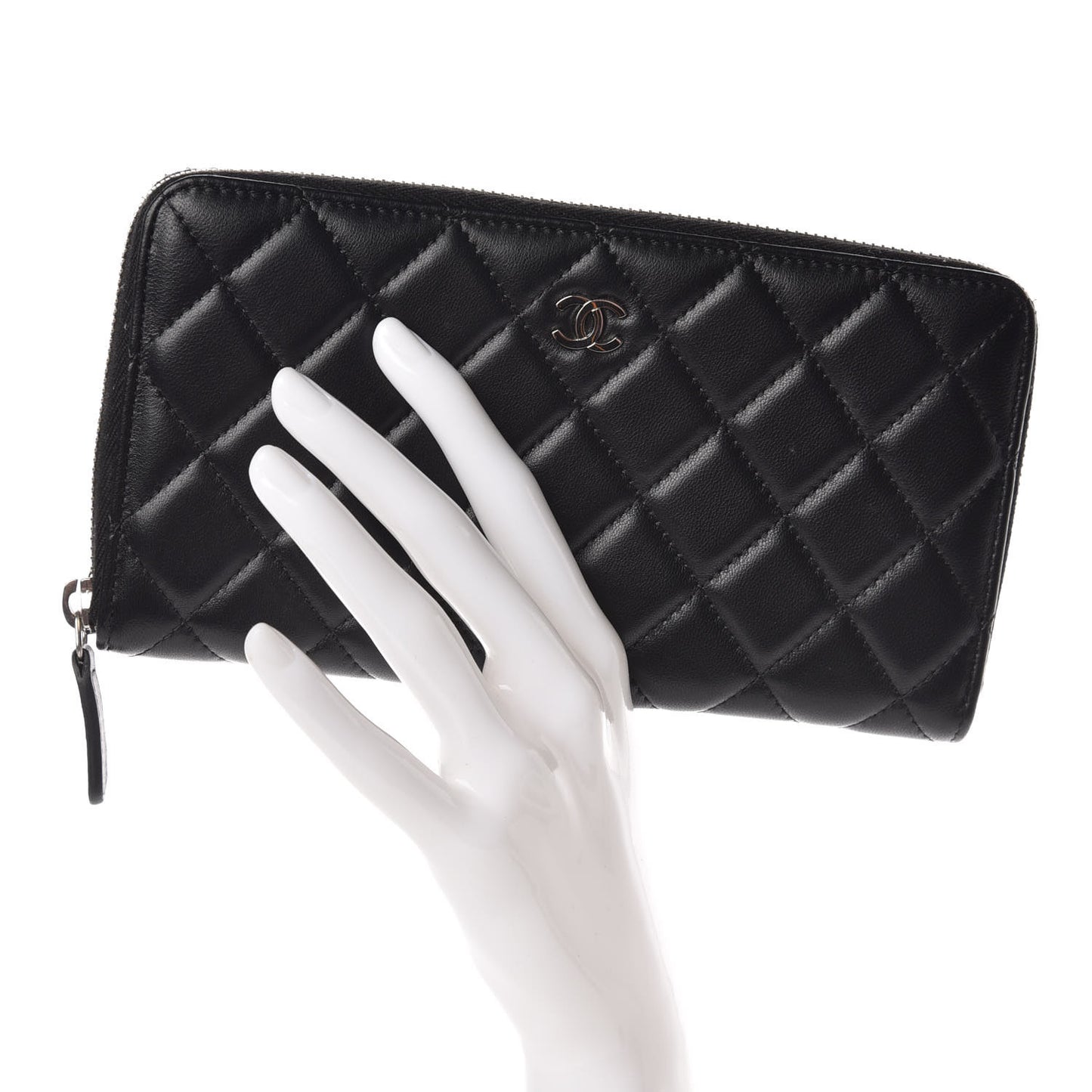 Lambskin Quilted Large Gusset Zip Around Wallet Black