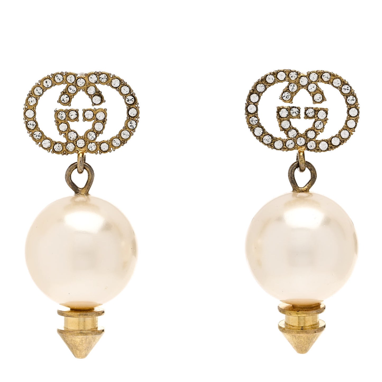 Metal Crystal Pearl Interlocking G Earrings Shiny Gold