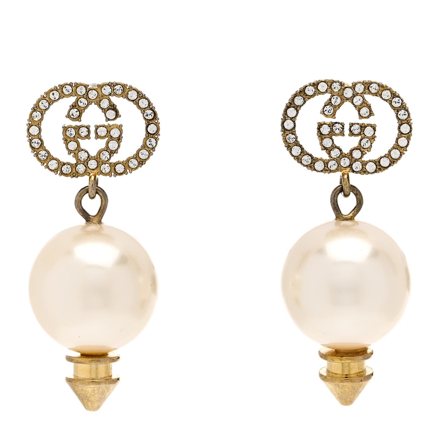 Gucci Metal Crystal Pearl Interlocking G Earrings Shiny Gold 1 of 5