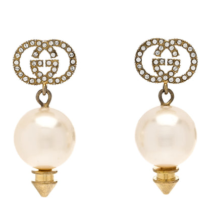 Gucci Metal Crystal Pearl Interlocking G Earrings Shiny Gold 1 of 5