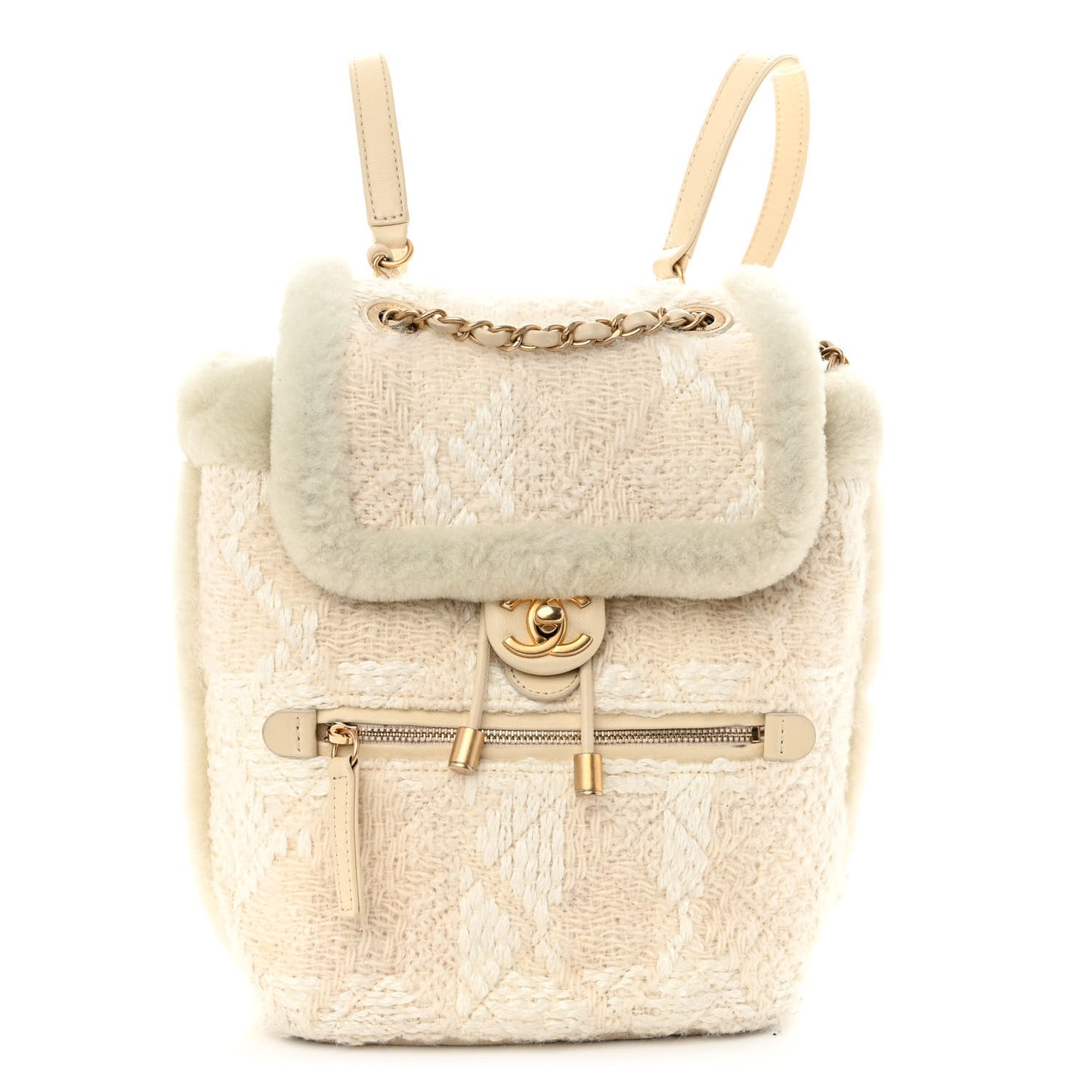 Tweed Shearling Quilted CC Backpack White