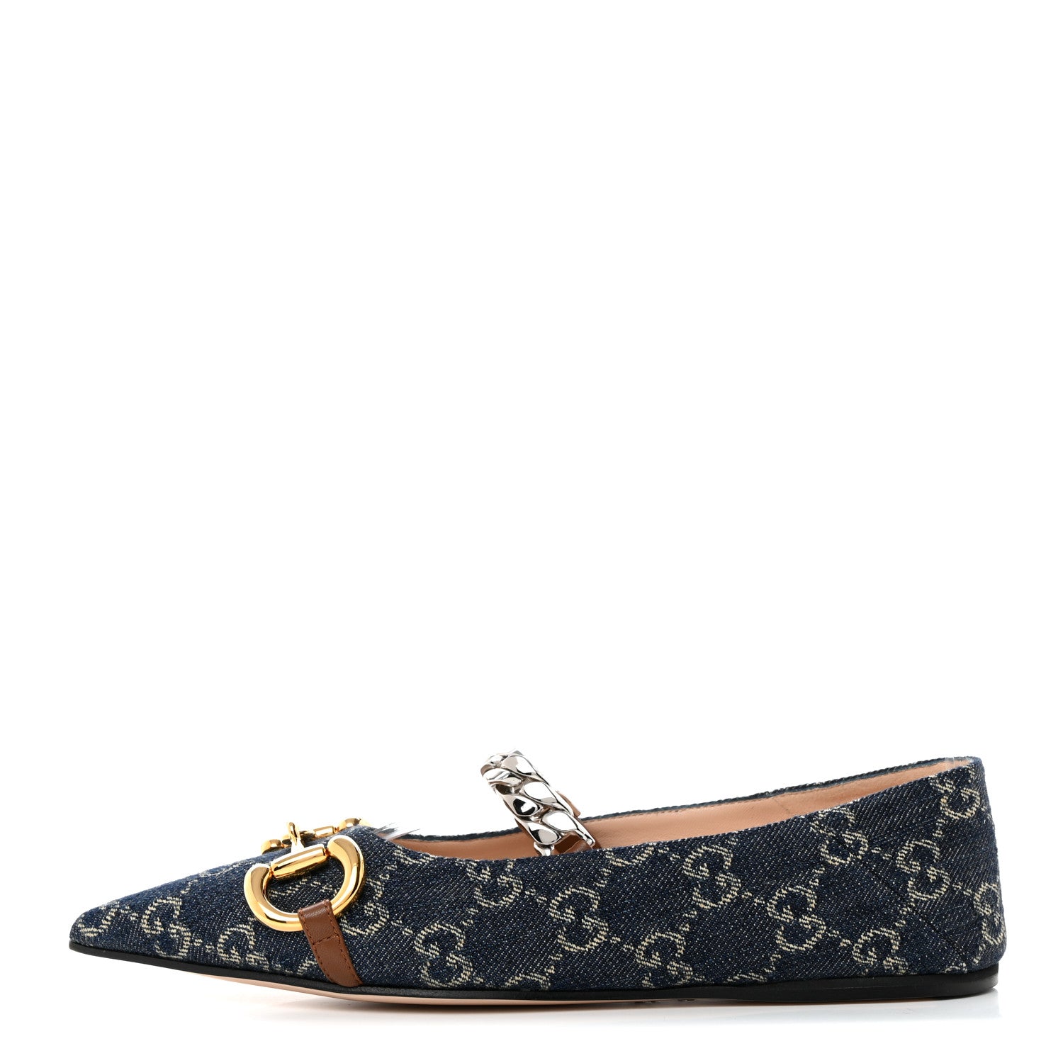 Gucci New Denim GG Monogram Nappa Deva Horsebit Chain Embellished Flats 35.5 Blue Tea Cuir Epilog 1 of 9