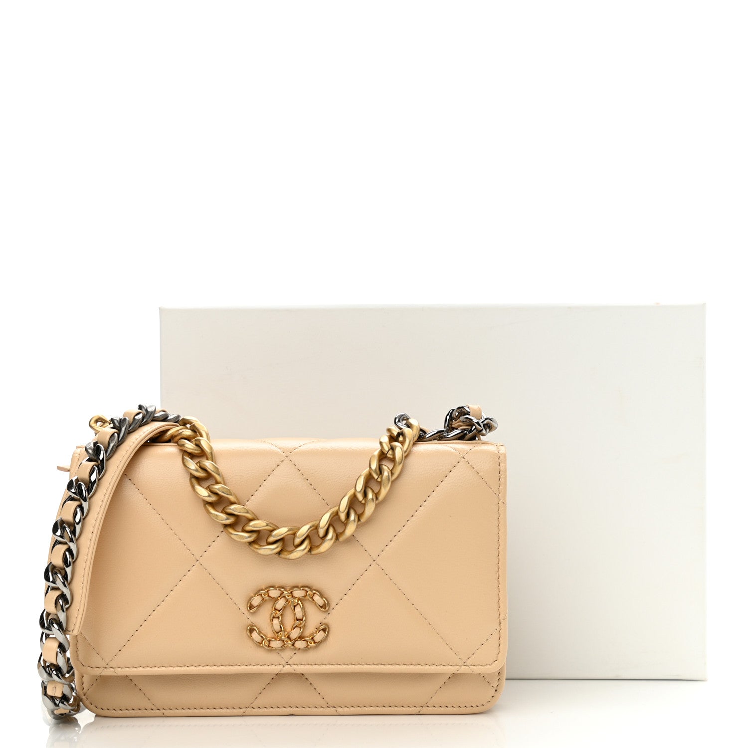 Chanel Goatskin Quilted Chanel 19 Wallet On Chain WOC Beige 14 of 14