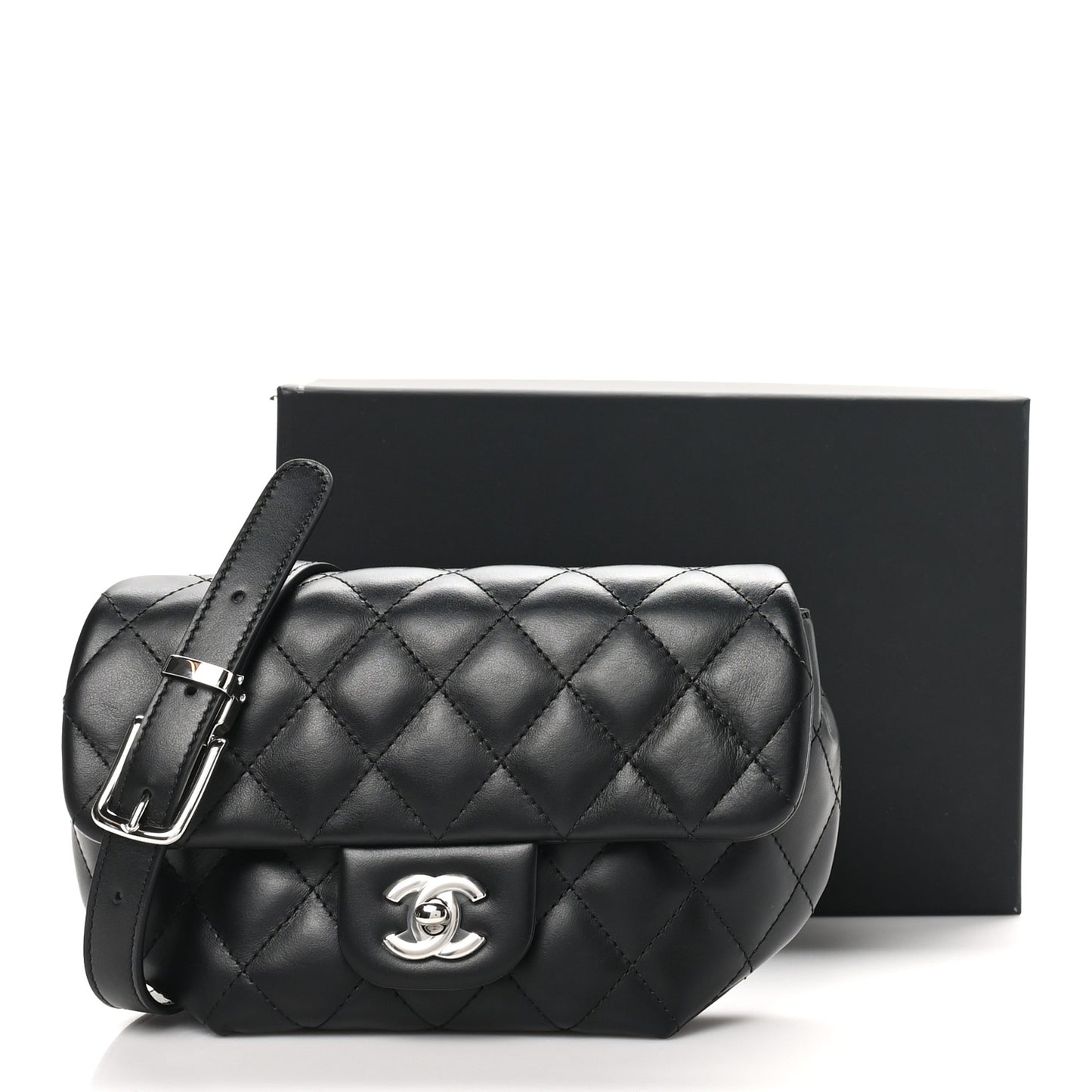 Calfskin Quilted CC Uniform Flap Belt Bag Black