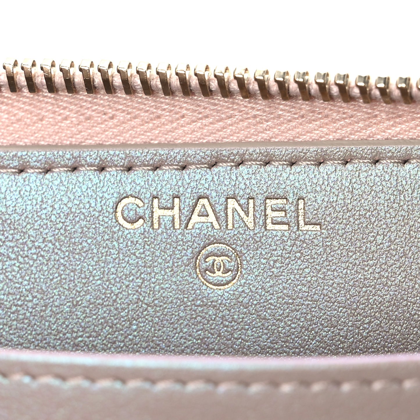 Iridescent Caviar Quilted Large Gusset Zip Around Wallet Beige