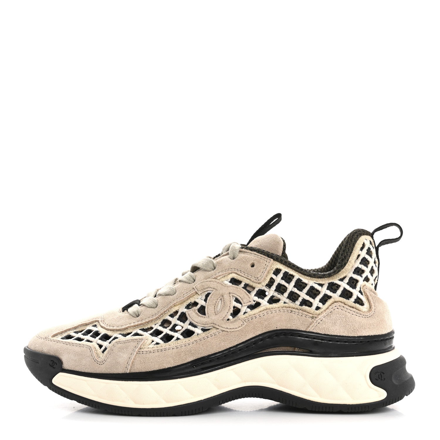 Chanel Suede Calfskin Embroidered CC Sneakers 38 Beige Black 1 of 12