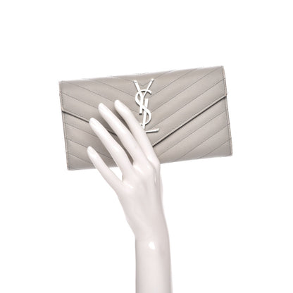 Saint Laurent Grain De Poudre Matelasse Chevron Monogram Flap Wallet Light Grey 2 of 13