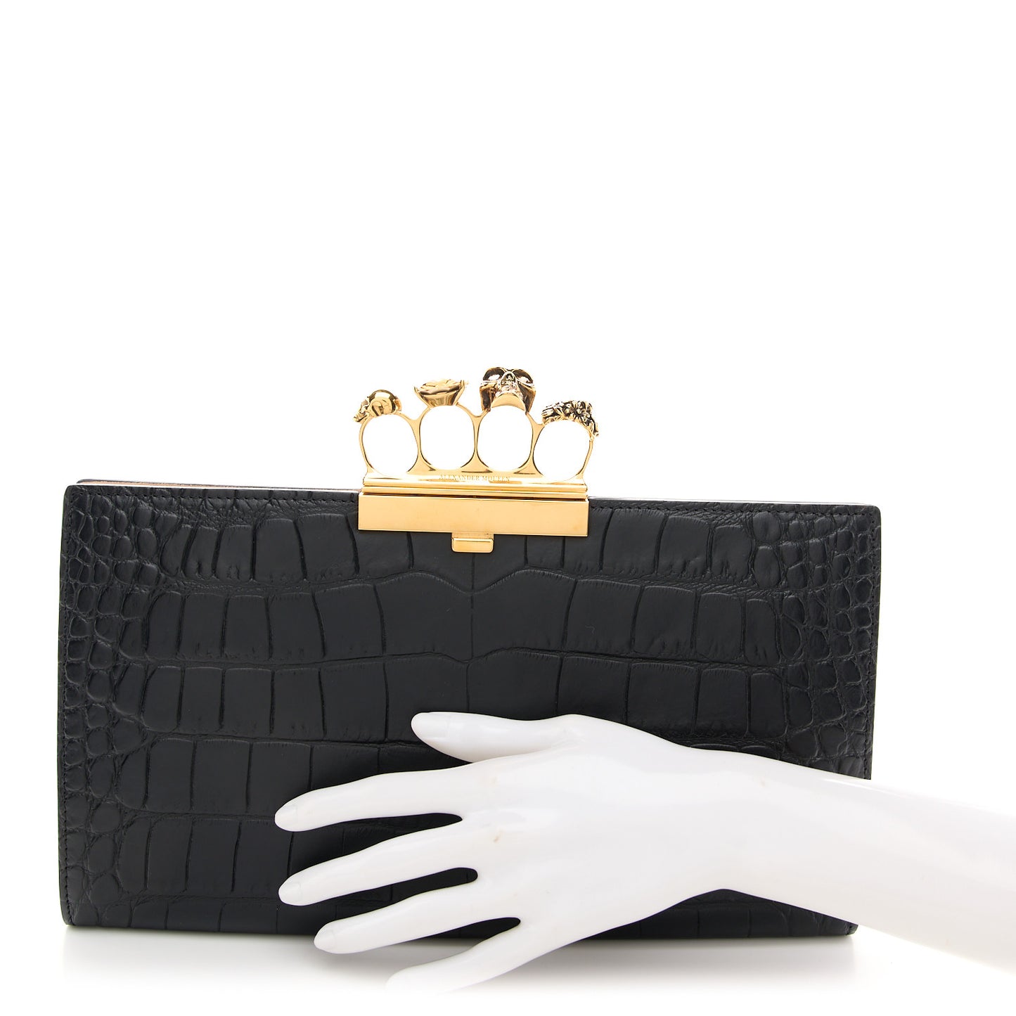 Calfskin Crocodile Embossed Knuckle Flat Clutch Black Gold
