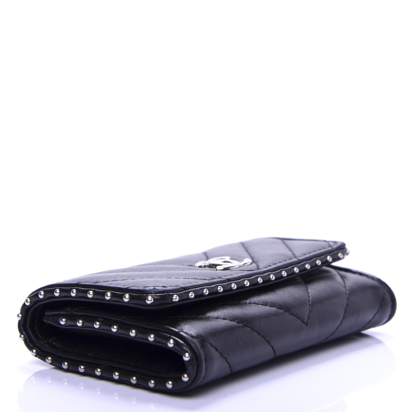 Lambskin Chevron Quilted Studded Card Holder Black