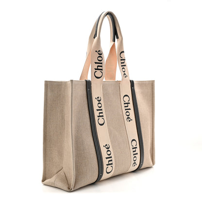 Chloe Linen Calfskin Large Woody Ribbon Tote White Blue 3 of 12