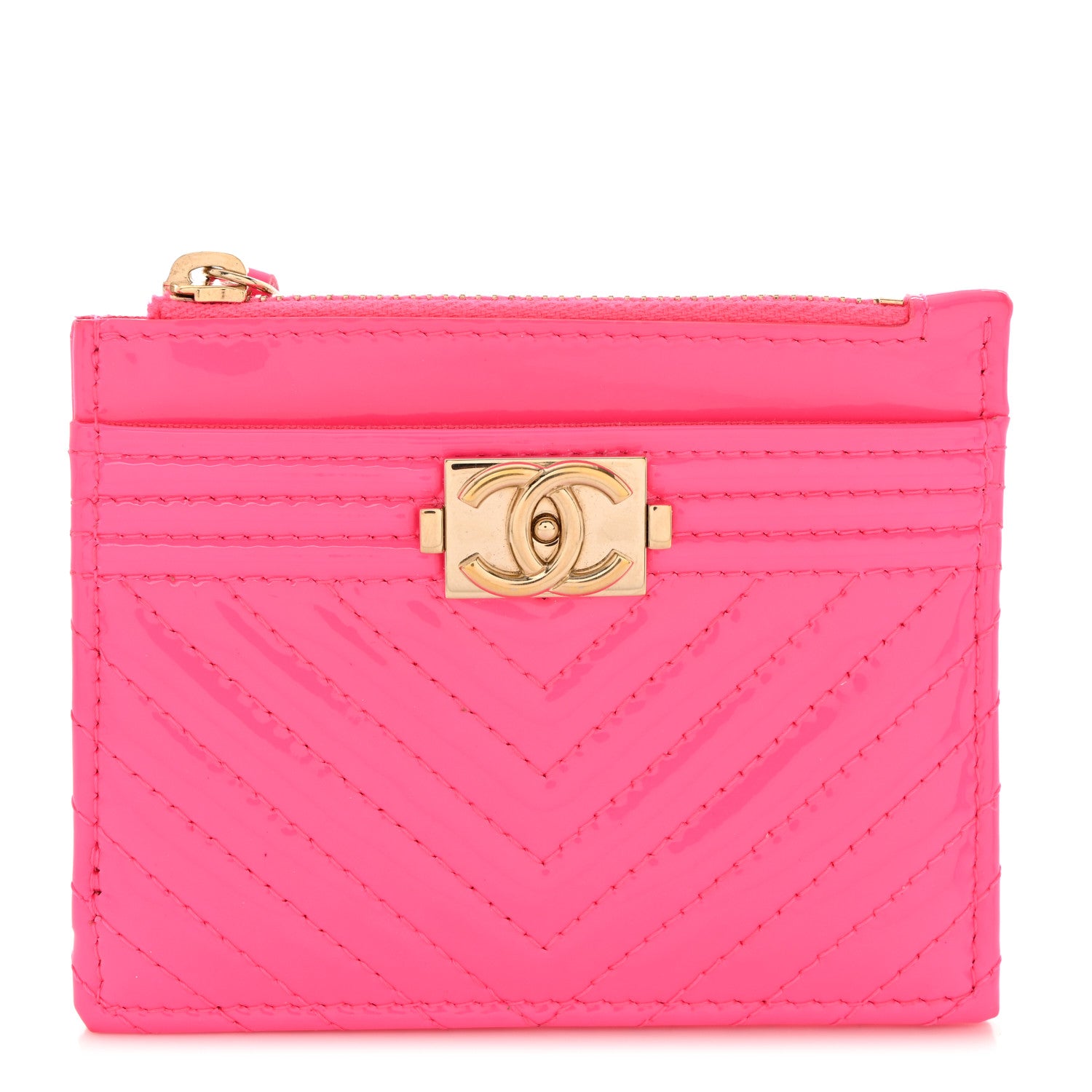 Chanel Patent Chevron Quilted Boy Zip Card Holder Neon Pink 1 of 9