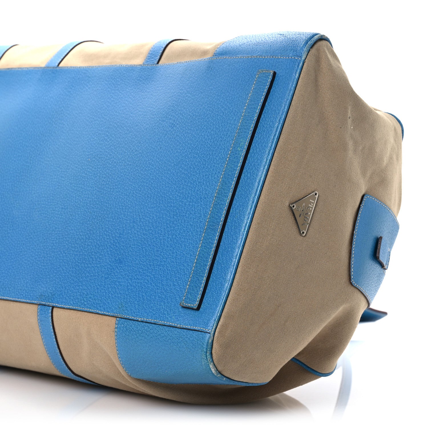 Prada Canvas Calfskin Duffle Beige Blue 10 of 20
