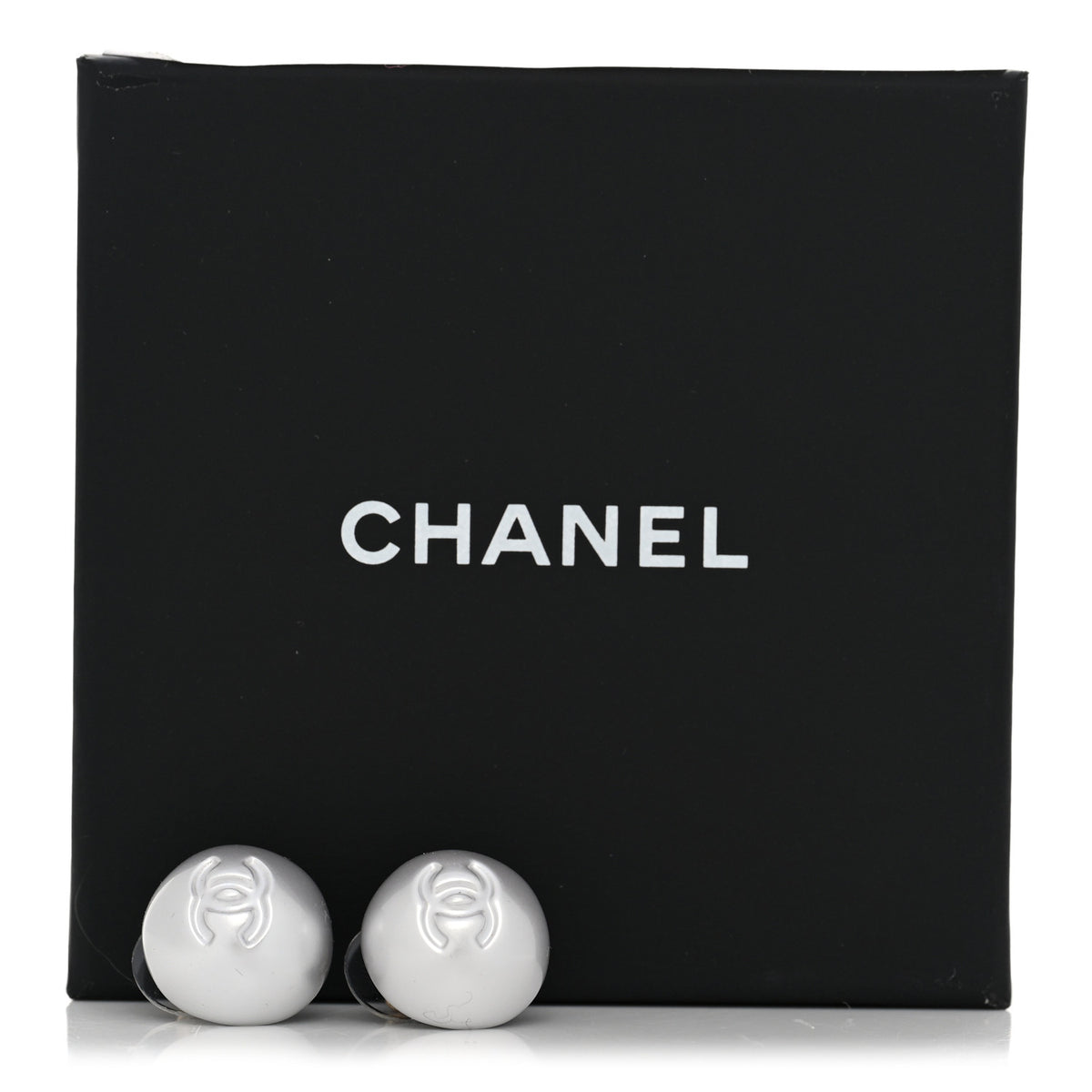Chanel Resin Metal CC Stud Earrings Silver Pearly White 5 of 5