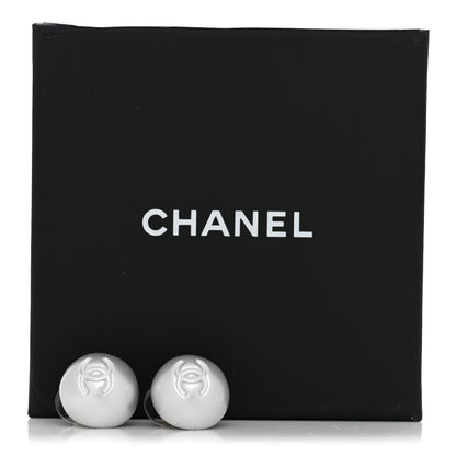 Chanel Resin Metal CC Stud Earrings Silver Pearly White 5 of 5