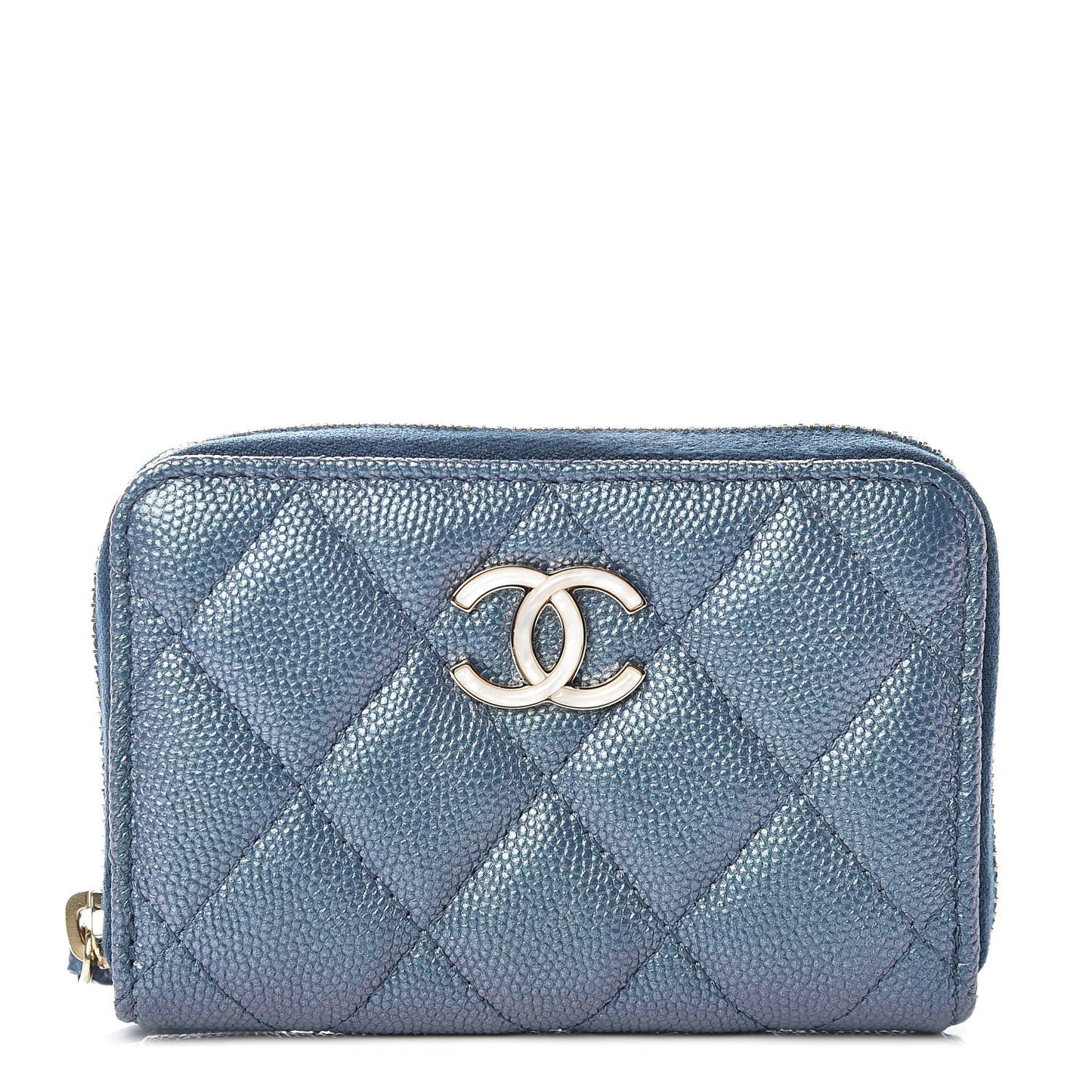 Iridescent Caviar Quilted Zip Coin Purse Blue