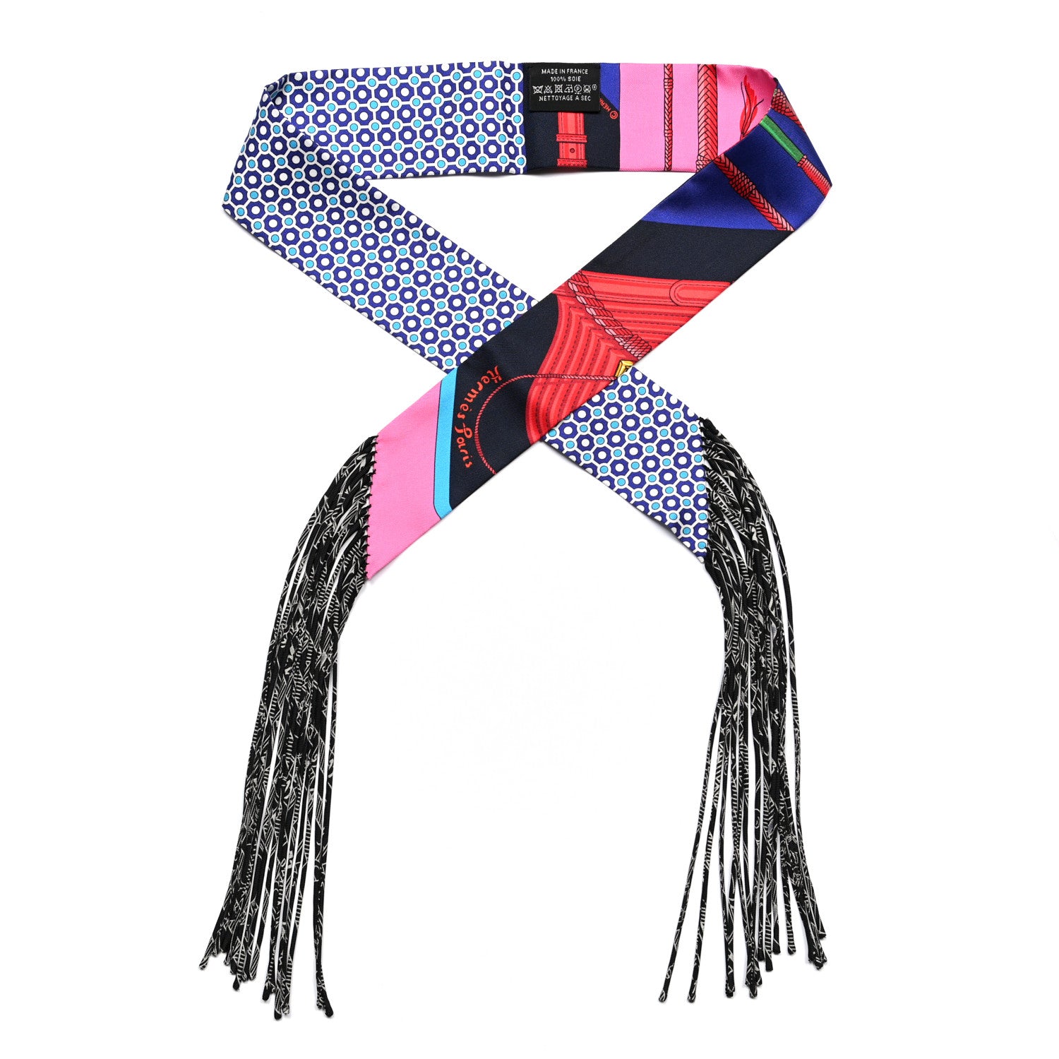 Hermes Silk Clic Clac Modern Cannage Fringed Twilly Rose Vif Bleu Rouge 1 of 4