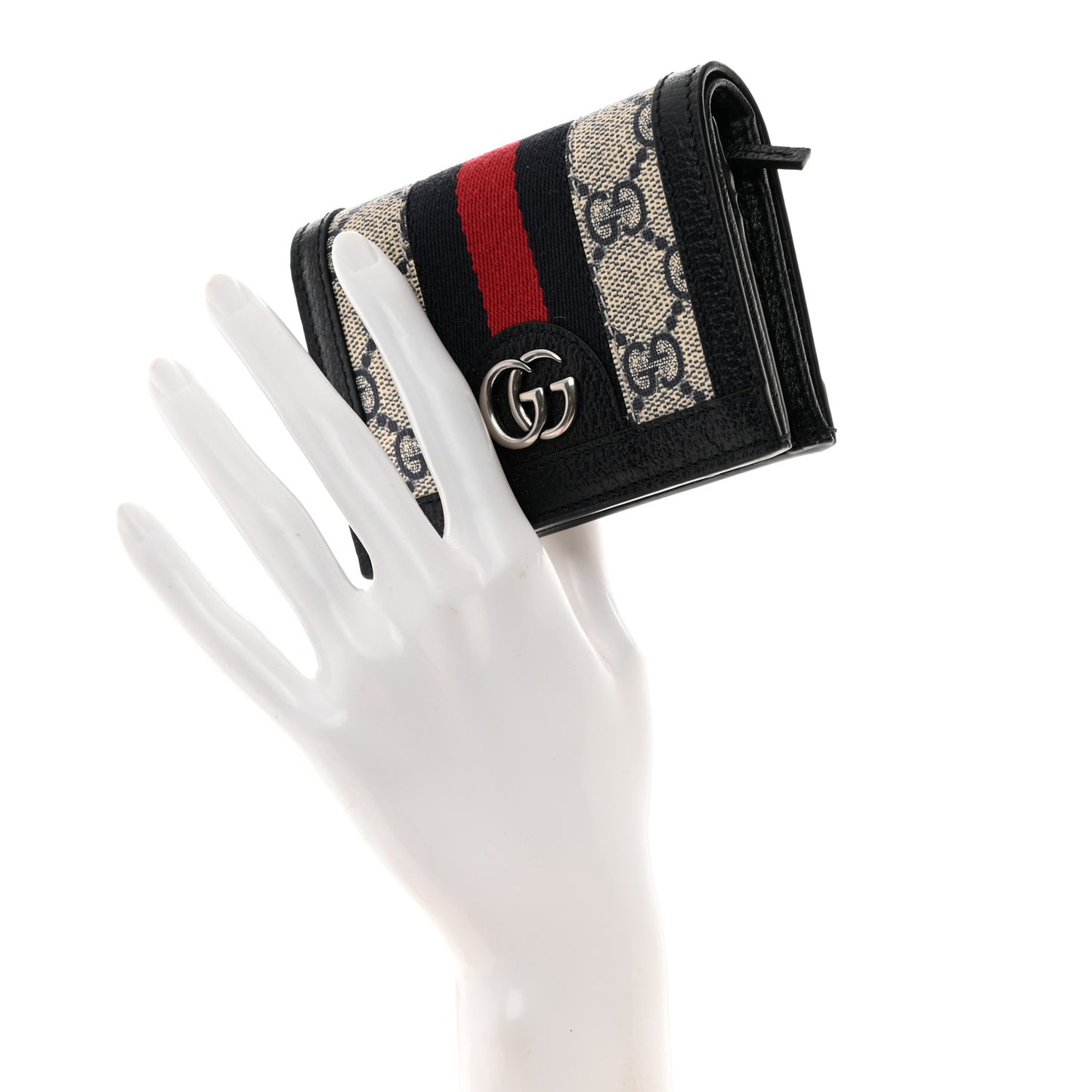 GG Supreme Monogram Textured Dollar Calfskin Web Ophidia Card Case Beige Blue