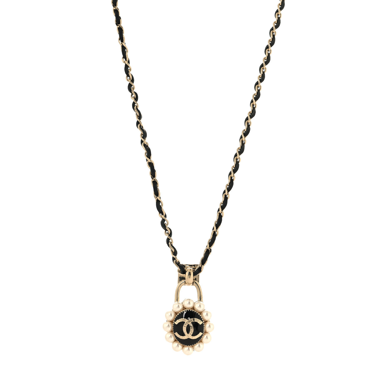 Crystal Pearl Lambskin CC Chain Necklace Gold Black Pearly White