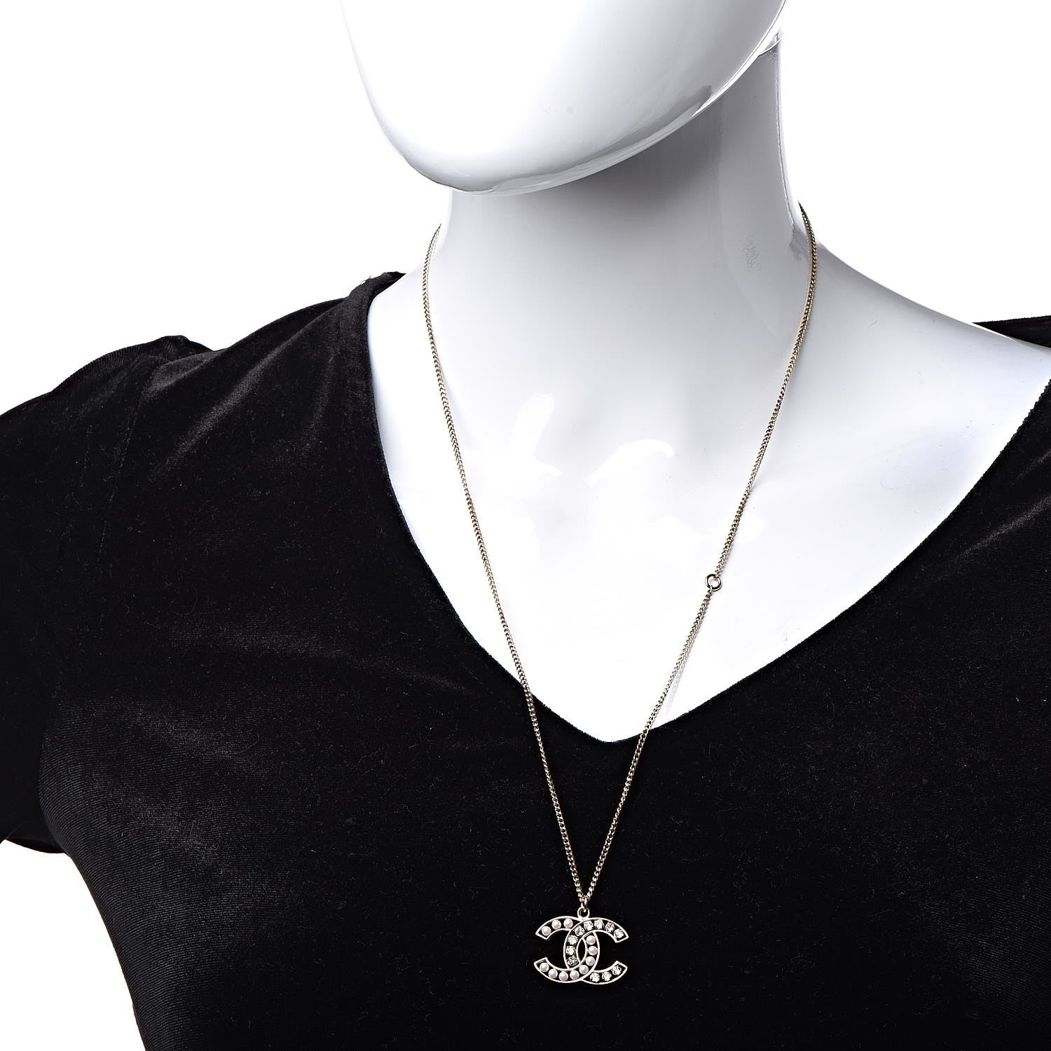 Chanel Pearl Crystal CC Pendant Necklace Gold 2 of 4
